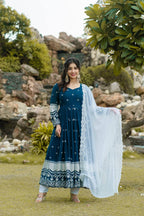 Teeya Creation Dark Teal Color Georgette Heavy Embroidery And Sequence Work Anarkali With Pants And Dupatta | Grocsy