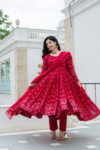 Teeya Creation Maroon Color Georgette Heavy Embroidery And Sequence Work Anarkali With Pants And Dupatta | Grocsy