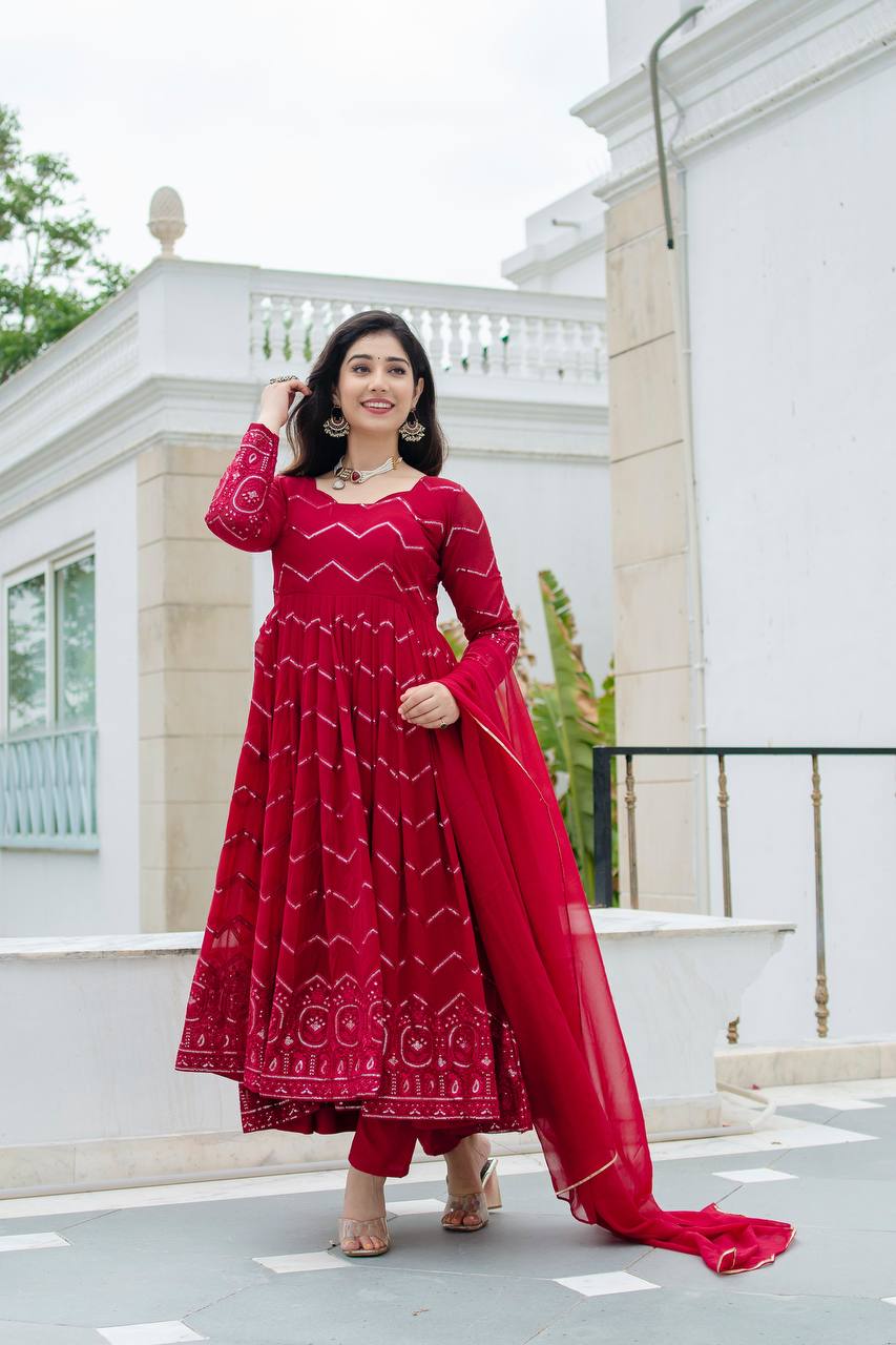 Teeya Creation Maroon Color Georgette Heavy Embroidery And Sequence Work Anarkali With Pants And Dupatta | Grocsy