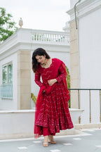 Teeya Creation Maroon Color Georgette Heavy Embroidery And Sequence Work Anarkali With Pants And Dupatta | Grocsy