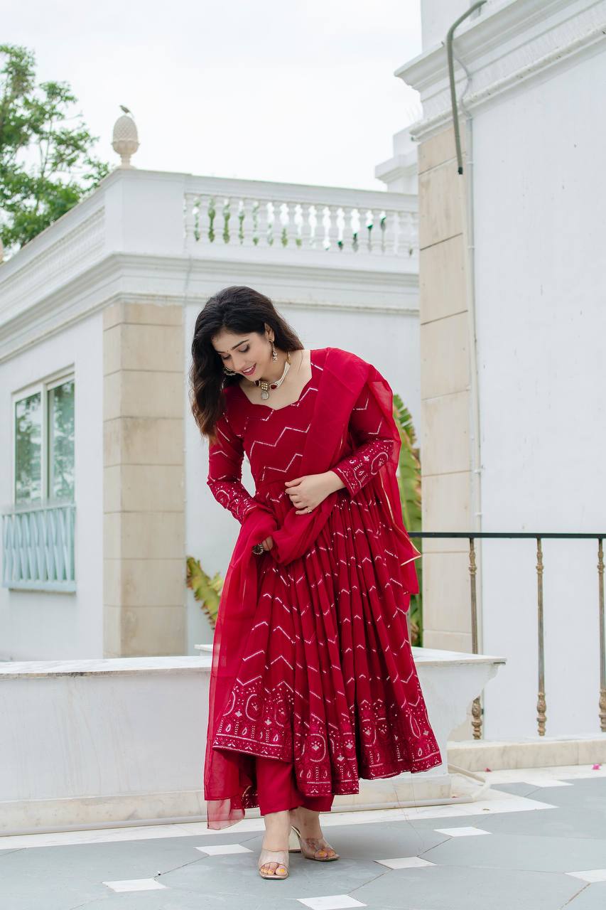 Teeya Creation Maroon Color Georgette Heavy Embroidery And Sequence Work Anarkali With Pants And Dupatta | Grocsy