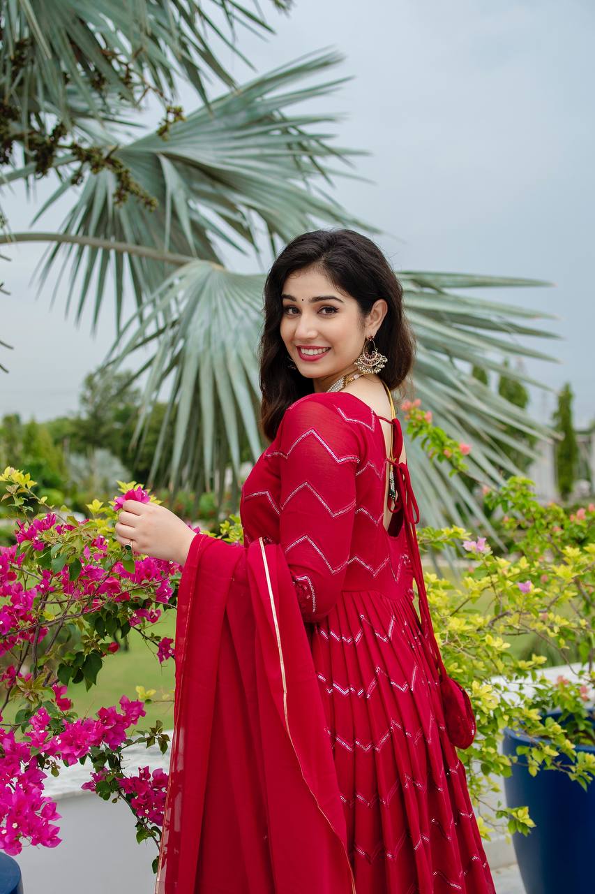 Teeya Creation Maroon Color Georgette Heavy Embroidery And Sequence Work Anarkali With Pants And Dupatta | Grocsy