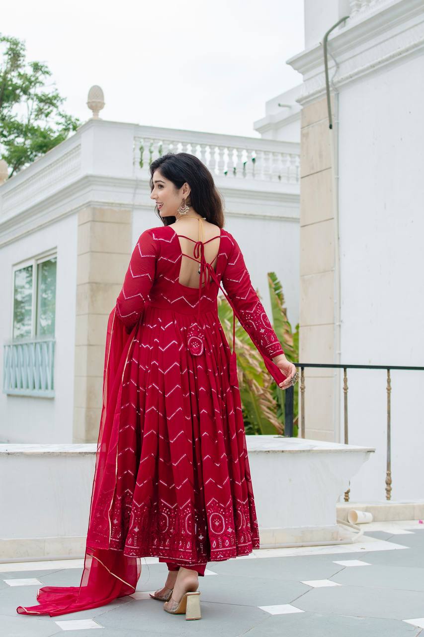Teeya Creation Maroon Color Georgette Heavy Embroidery And Sequence Work Anarkali With Pants And Dupatta | Grocsy