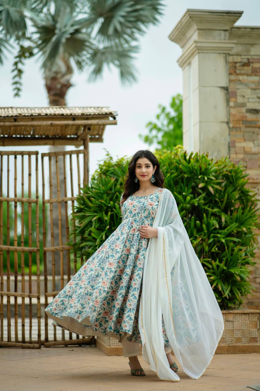 Teeya Creation Multicolor Muslin Silk Digital Print With Crochet Anarkali With Pants And Dupatta | Grocsy