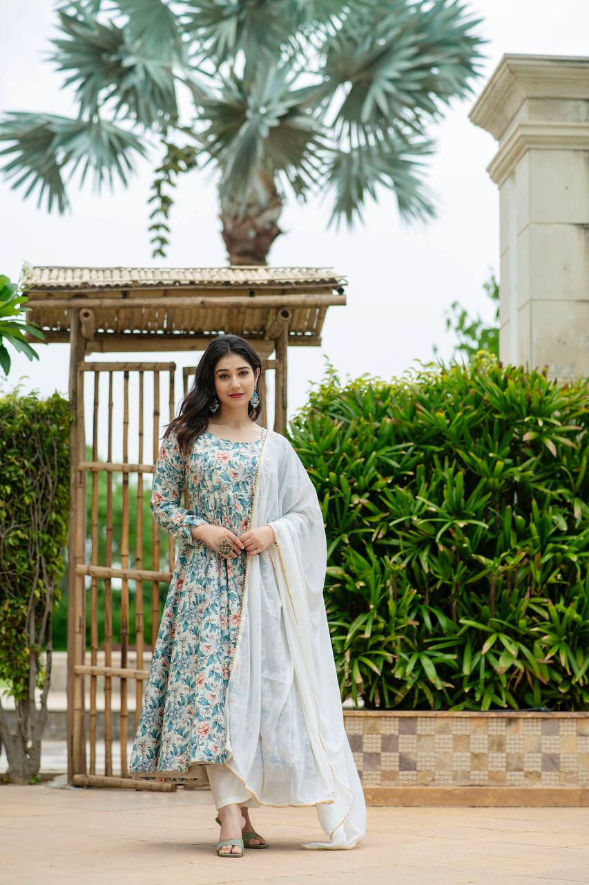 Teeya Creation Multicolor Muslin Silk Digital Print With Crochet Anarkali With Pants And Dupatta | Grocsy