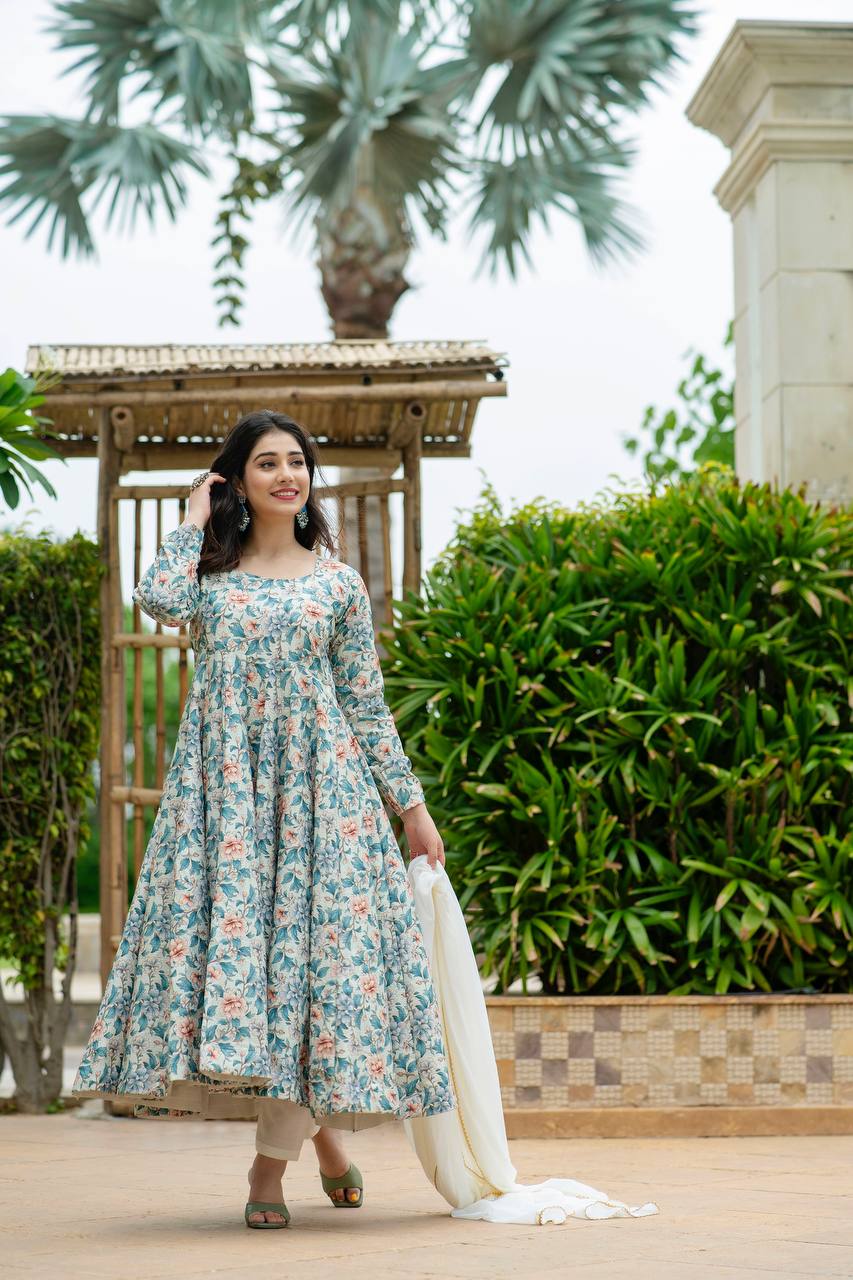 Teeya Creation Multicolor Muslin Silk Digital Print With Crochet Anarkali With Pants And Dupatta | Grocsy