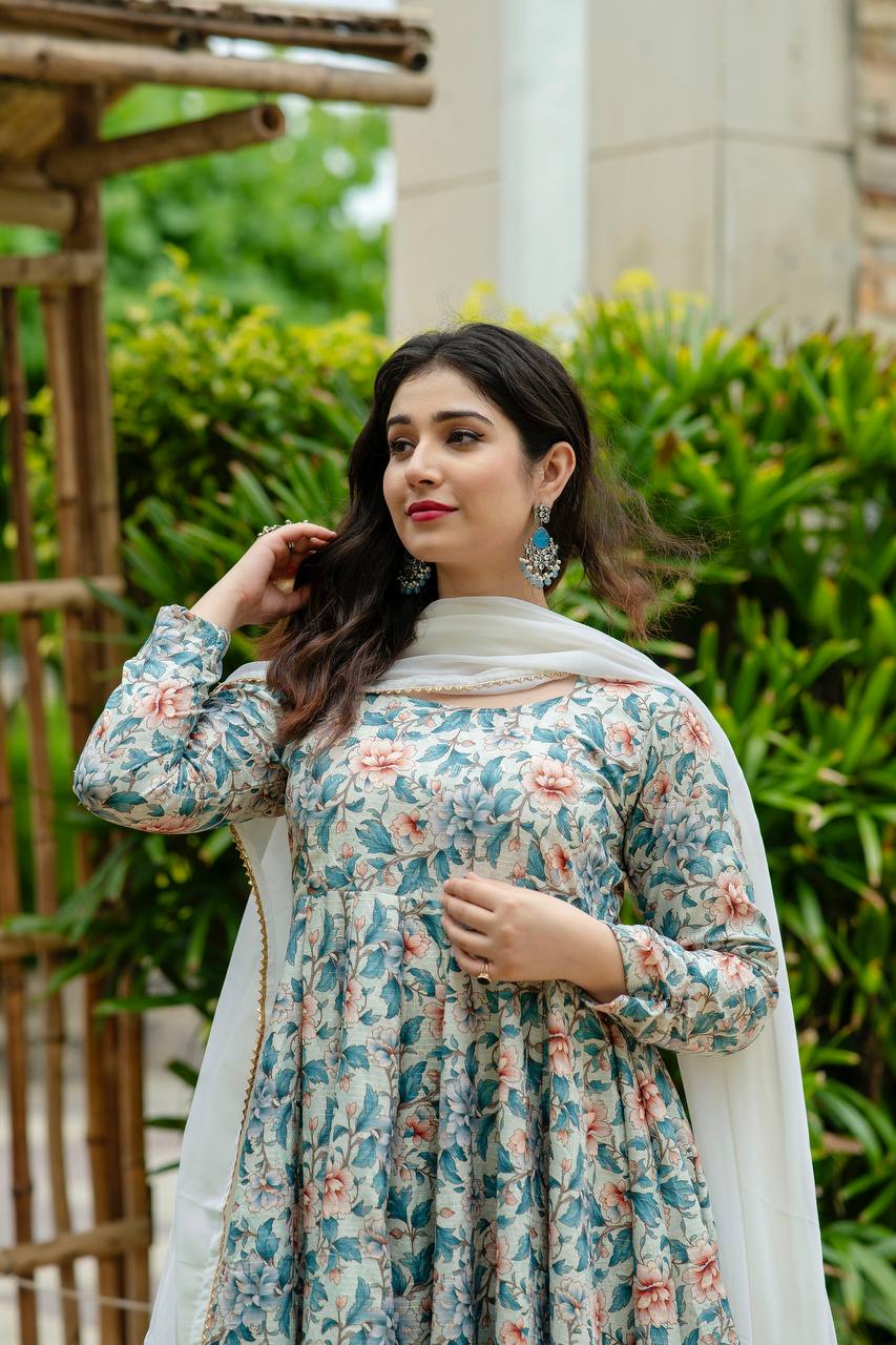 Teeya Creation Multicolor Muslin Silk Digital Print With Crochet Anarkali With Pants And Dupatta | Grocsy