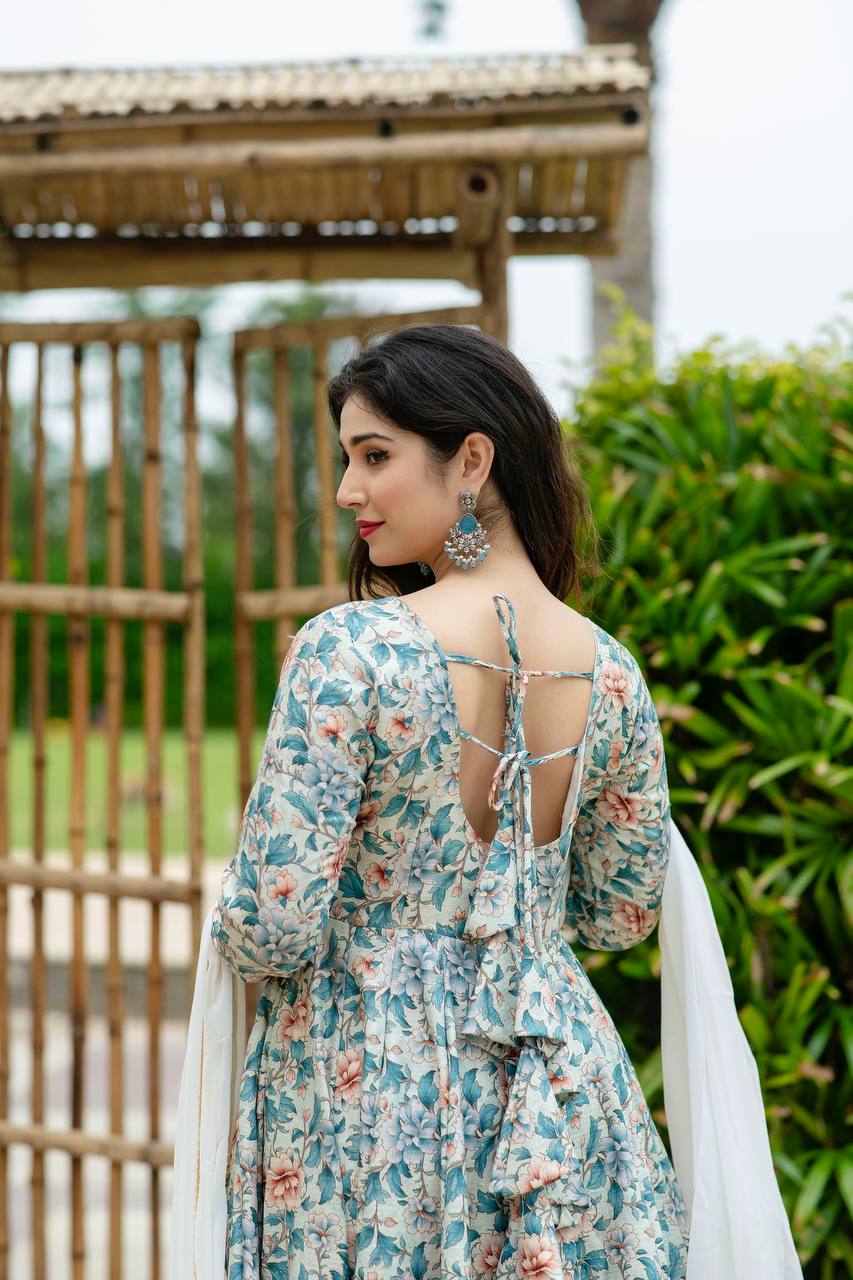 Teeya Creation Multicolor Muslin Silk Digital Print With Crochet Anarkali With Pants And Dupatta | Grocsy