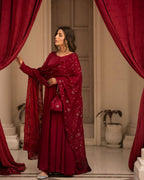 Teeya Creation Maroon Color Roman Cotton Embroidery And Sequence Work Anarkali With Pants And Dupatta | Grocsy