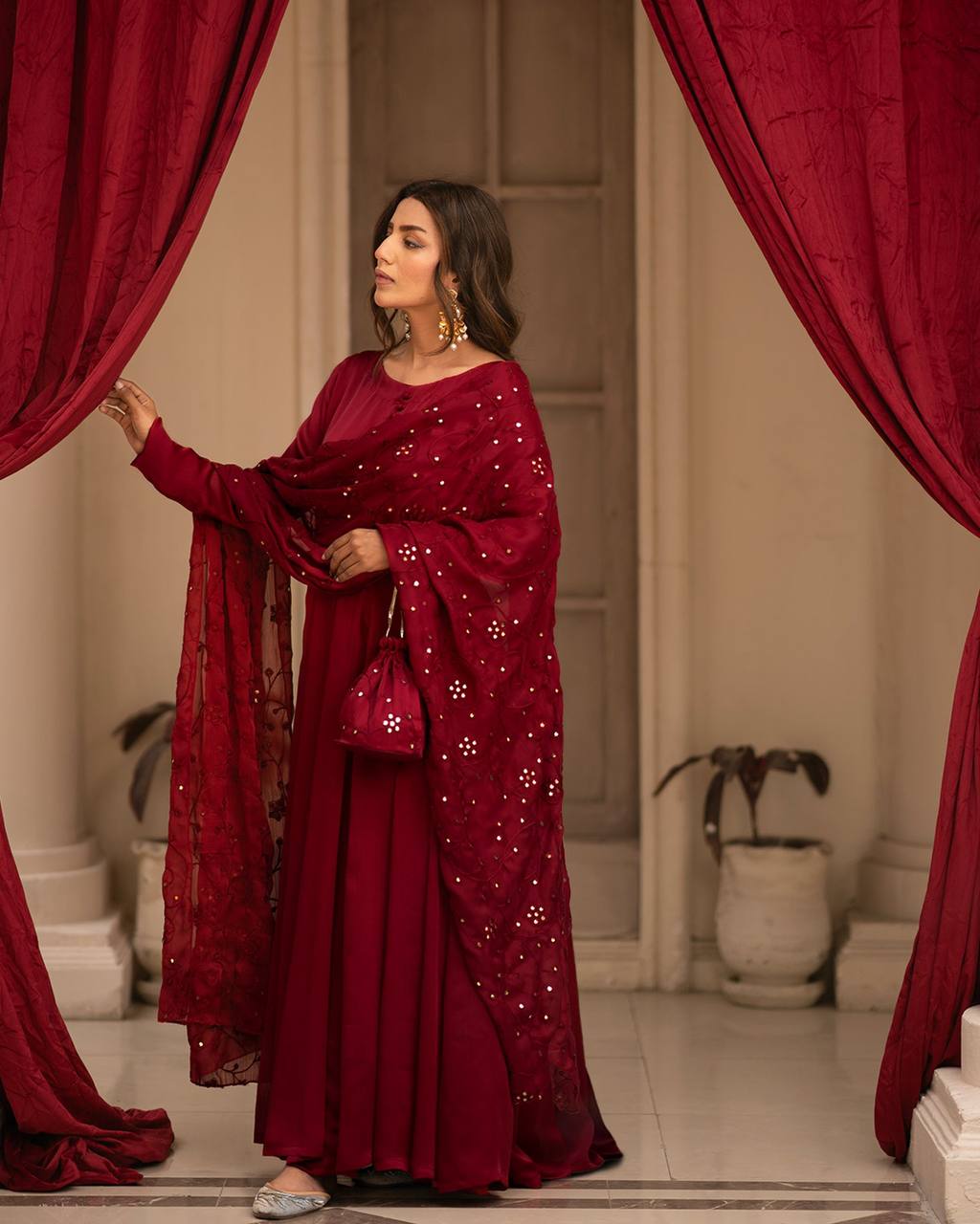 Teeya Creation Maroon Color Roman Cotton Embroidery And Sequence Work Anarkali With Pants And Dupatta | Grocsy