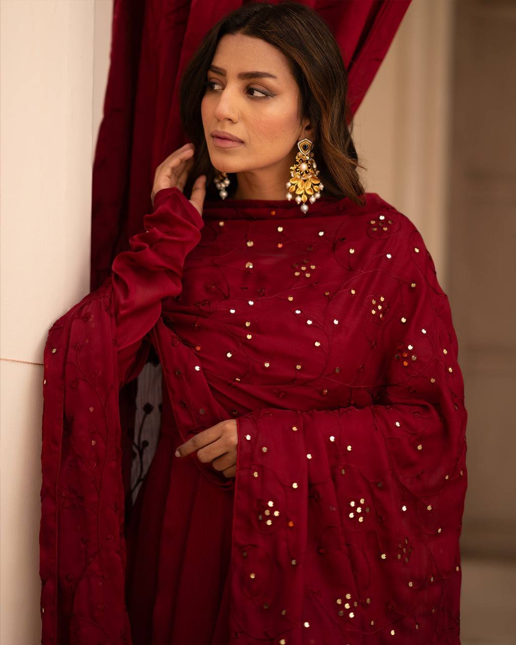 Teeya Creation Maroon Color Roman Cotton Embroidery And Sequence Work Anarkali With Pants And Dupatta | Grocsy