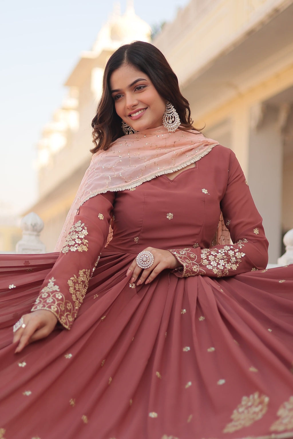 Teeya Creation Brown Color Faux Georgette Fabric Designer Embroidery Work Fully Stitched Gown | Grocsy
