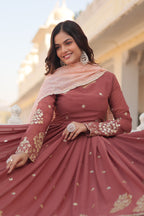 Teeya Creation Brown Color Faux Georgette Fabric Designer Embroidery Work Fully Stitched Gown | Grocsy