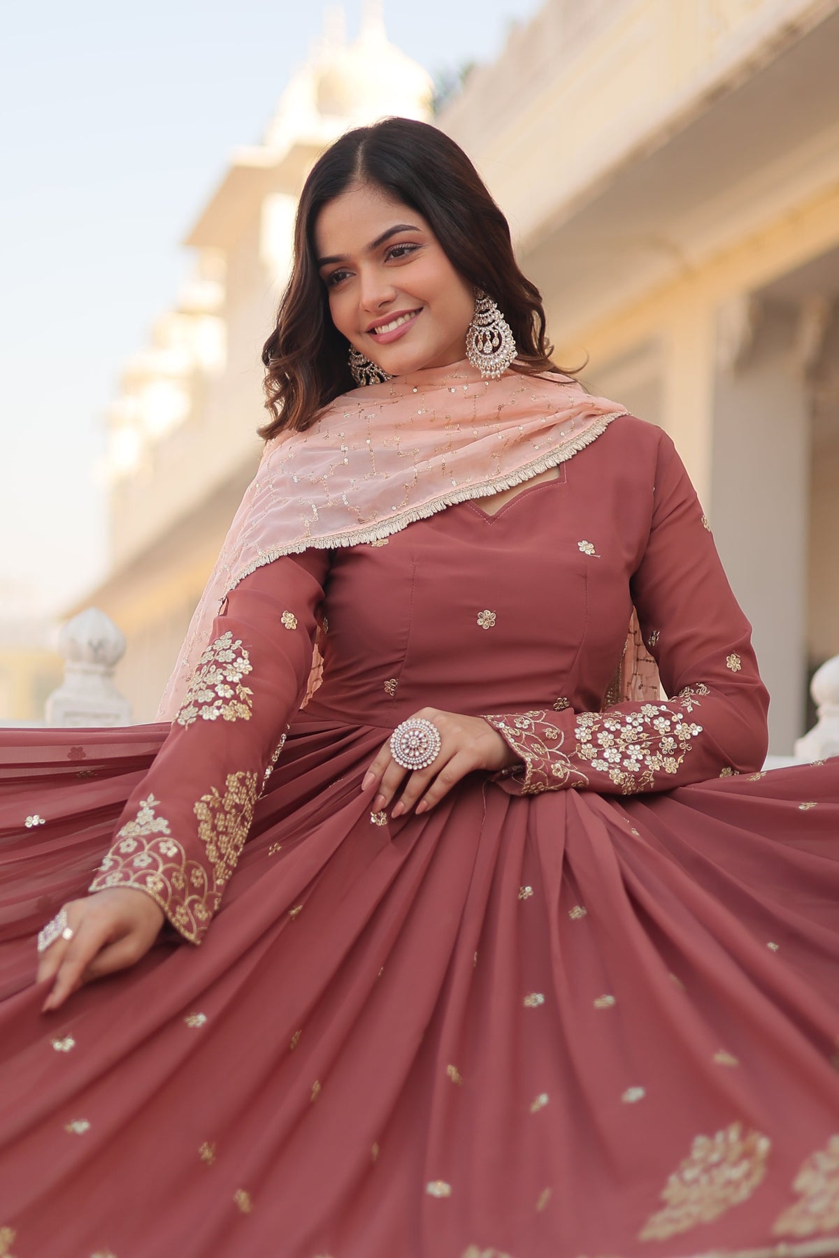Teeya Creation Brown Color Faux Georgette Fabric Designer Embroidery Work Fully Stitched Gown | Grocsy