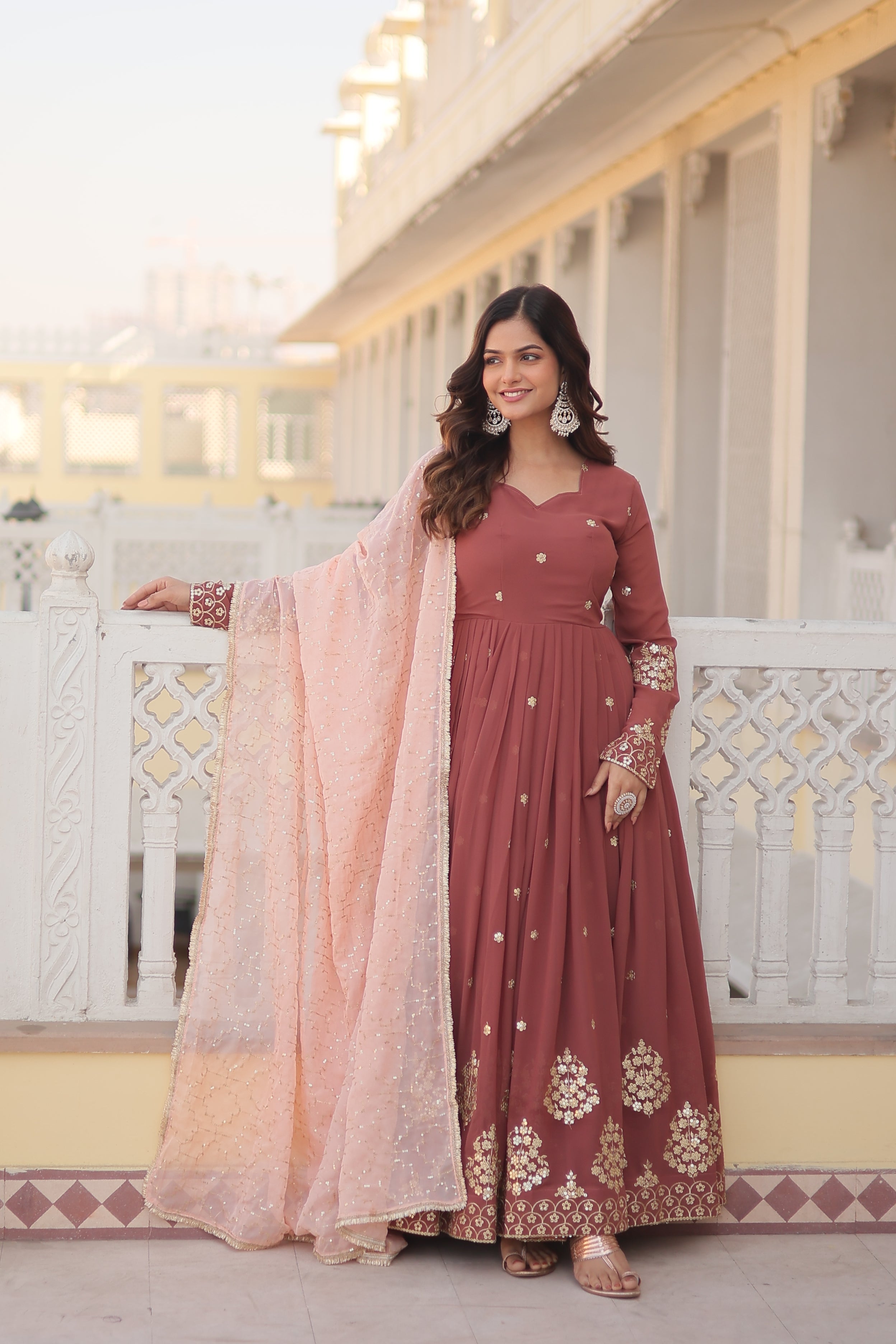 Teeya Creation Brown Color Faux Georgette Fabric Designer Embroidery Work Fully Stitched Gown | Grocsy