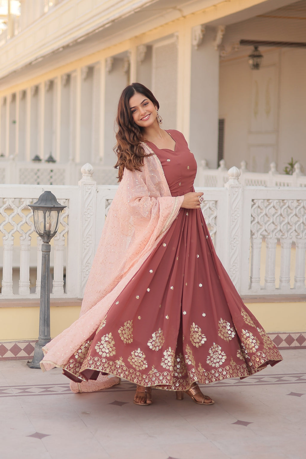 Teeya Creation Brown Color Faux Georgette Fabric Designer Embroidery Work Fully Stitched Gown | Grocsy