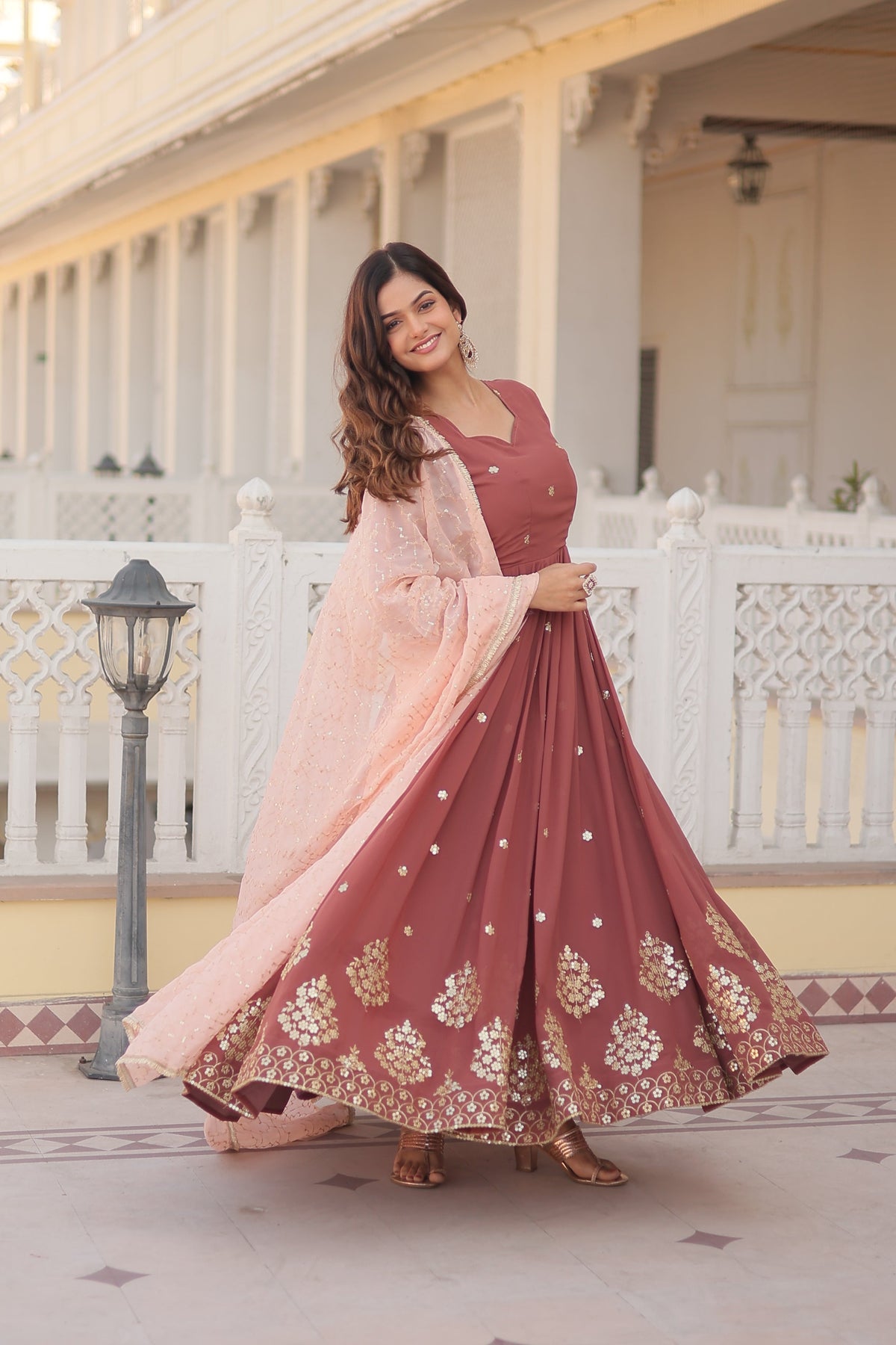Teeya Creation Brown Color Faux Georgette Fabric Designer Embroidery Work Fully Stitched Gown | Grocsy