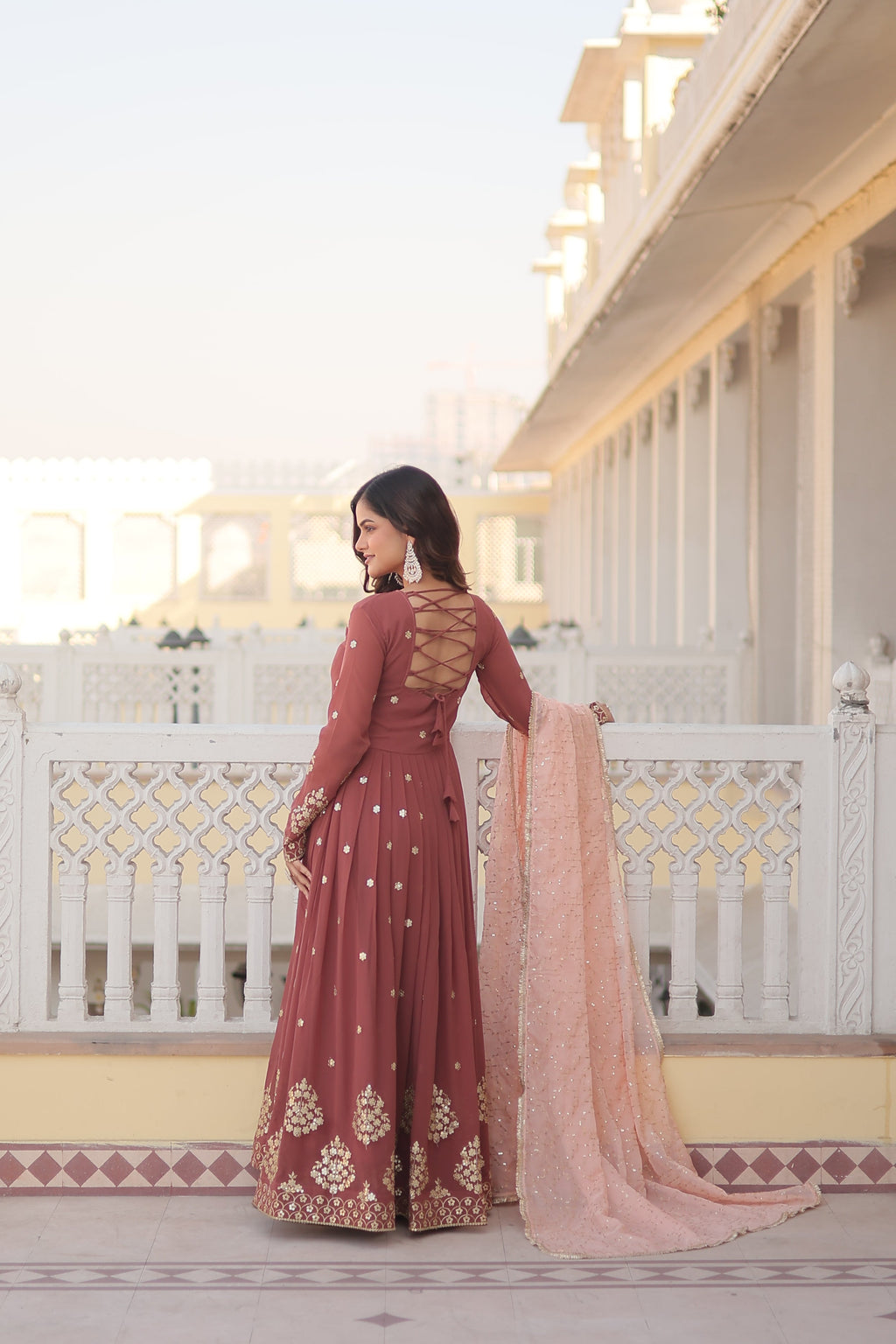 Teeya Creation Brown Color Faux Georgette Fabric Designer Embroidery Work Fully Stitched Gown | Grocsy