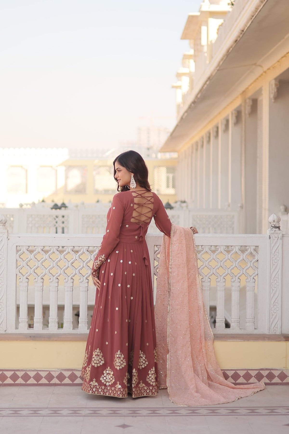 Teeya Creation Brown Color Faux Georgette Fabric Designer Embroidery Work Fully Stitched Gown | Grocsy