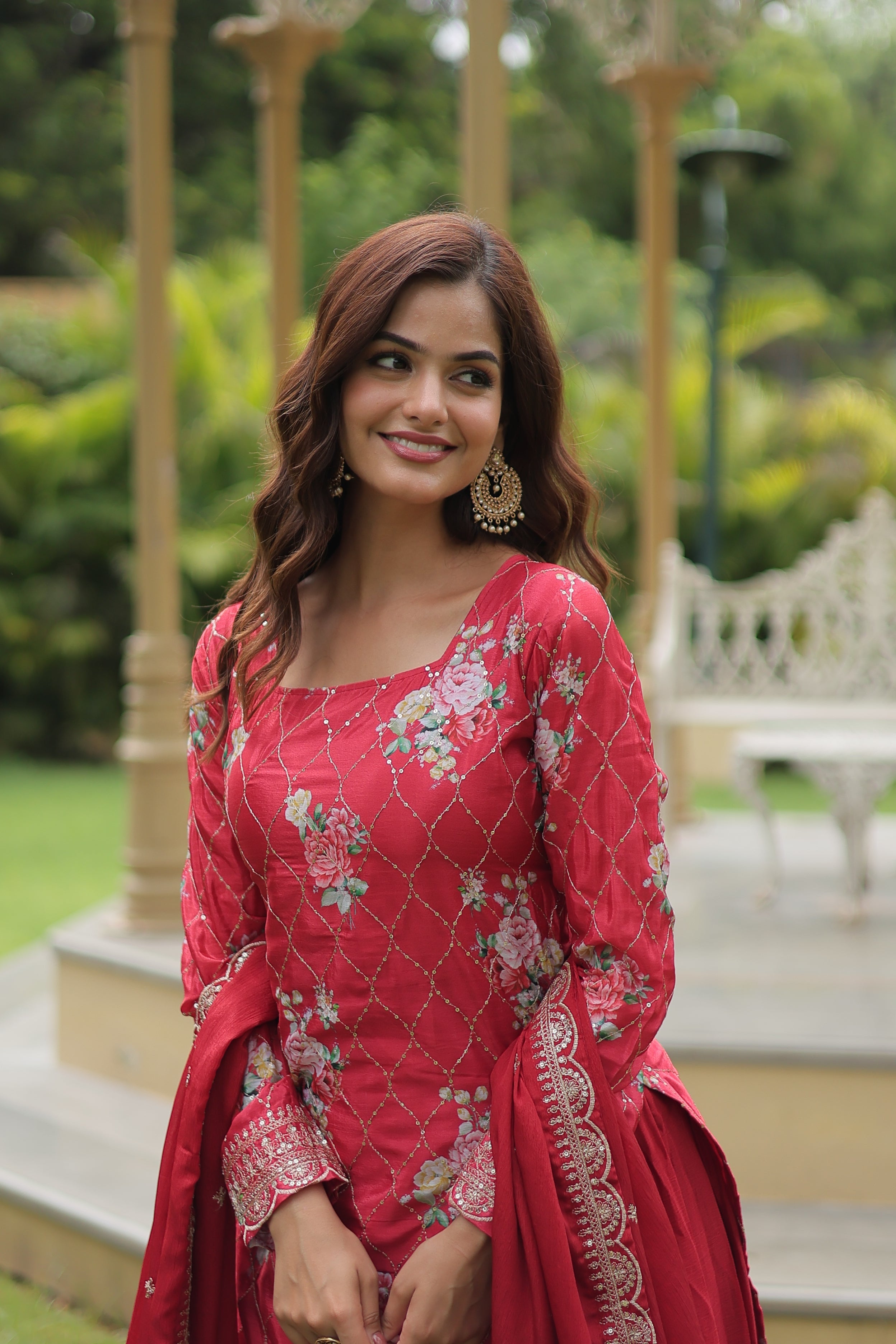 Teeya Creation Maroon Color Chinon Silk Digital Print With Embroidery Work Fully Stitched Plazo Pair | Grocsy