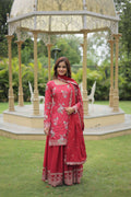 Teeya Creation Maroon Color Chinon Silk Digital Print With Embroidery Work Fully Stitched Plazo Pair | Grocsy