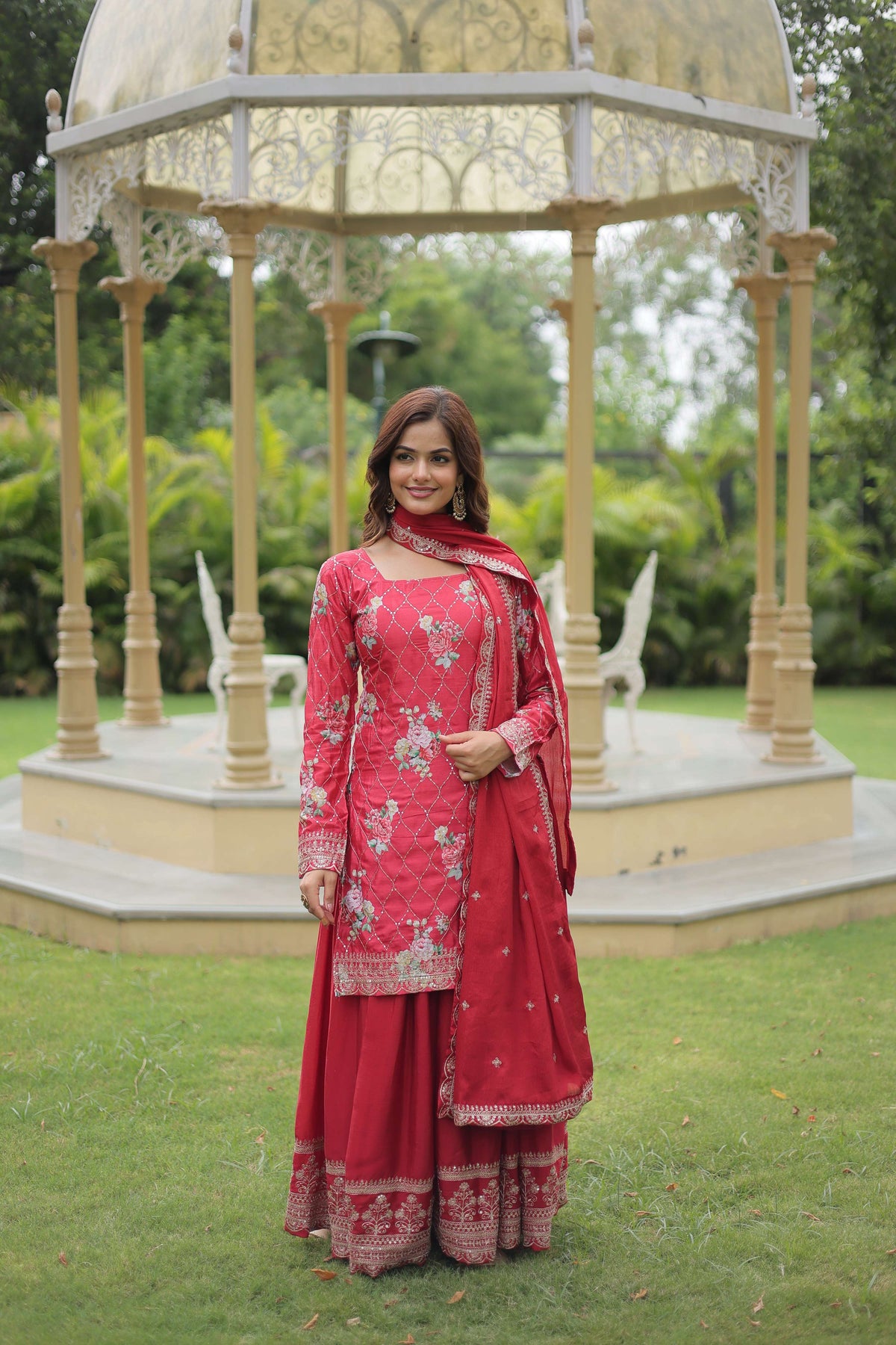 Teeya Creation Maroon Color Chinon Silk Digital Print With Embroidery Work Fully Stitched Plazo Pair | Grocsy