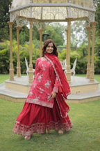 Teeya Creation Maroon Color Chinon Silk Digital Print With Embroidery Work Fully Stitched Plazo Pair | Grocsy