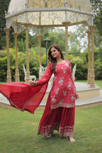 Teeya Creation Maroon Color Chinon Silk Digital Print With Embroidery Work Fully Stitched Plazo Pair | Grocsy