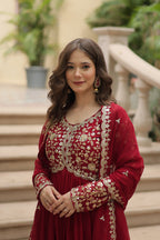 Teeya Creation Maroon Color Faux Georgette Heavy Embroidery Work Dupatta Fully Stitched Gown | Grocsy