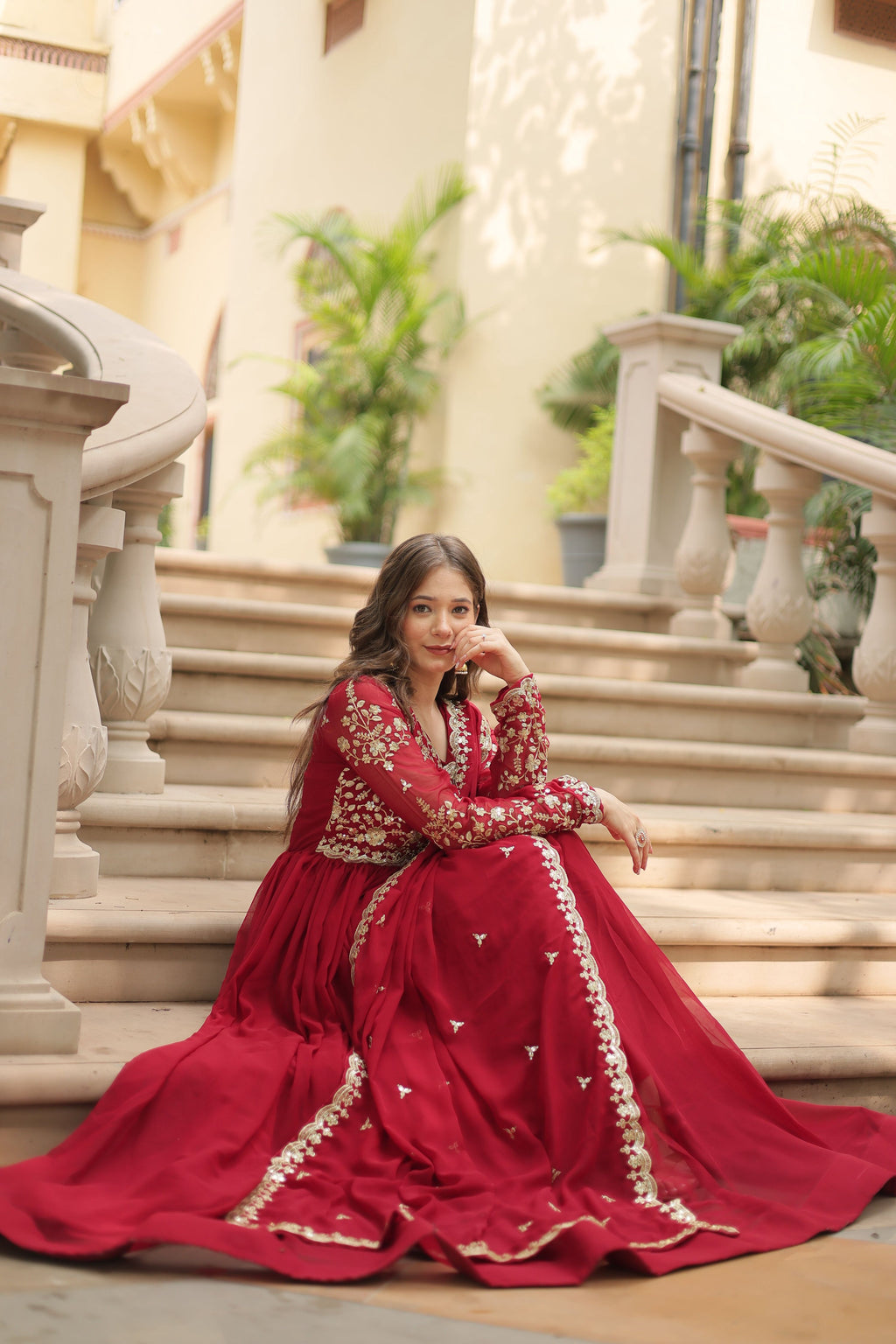 Teeya Creation Maroon Color Faux Georgette Heavy Embroidery Work Dupatta Fully Stitched Gown | Grocsy