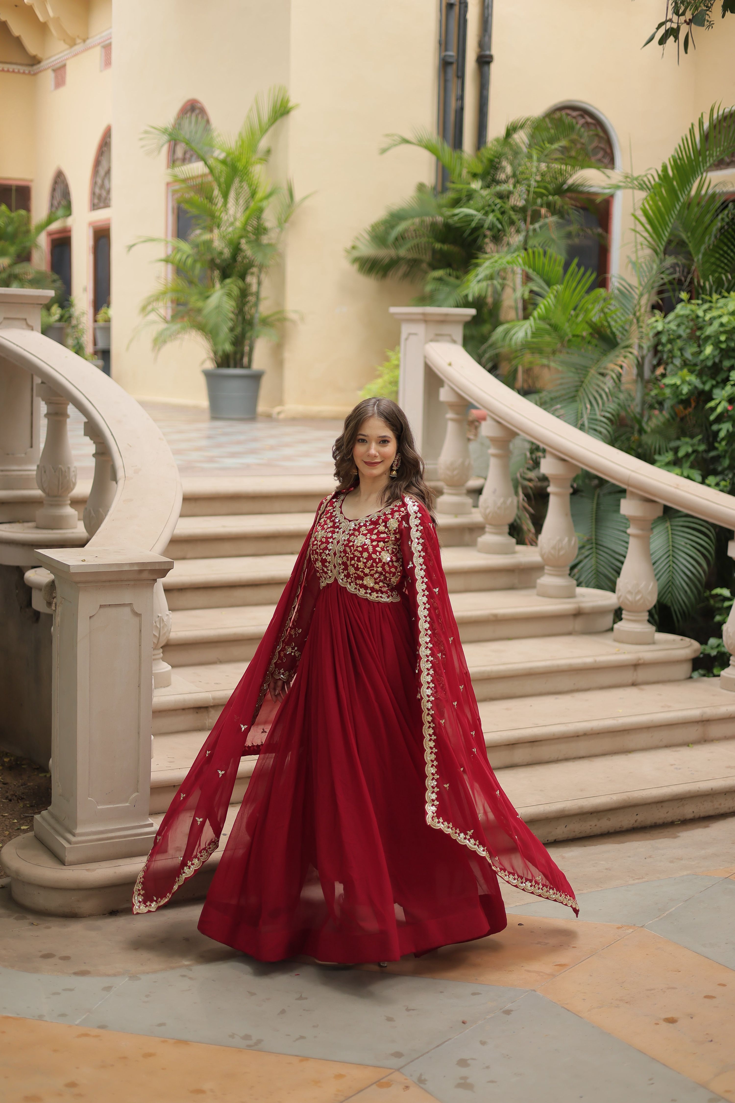 Teeya Creation Maroon Color Faux Georgette Heavy Embroidery Work Dupatta Fully Stitched Gown | Grocsy