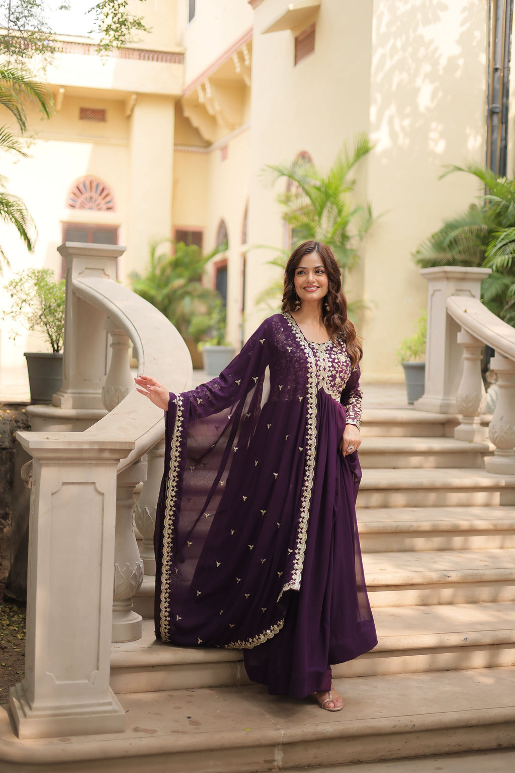 Teeya Creation Wine Color Faux Georgette Heavy Embroidery Work Dupatta Fully Stitched Gown | Grocsy