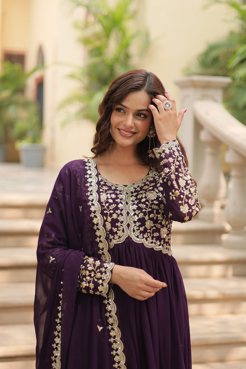 Teeya Creation Wine Color Faux Georgette Heavy Embroidery Work Dupatta Fully Stitched Gown | Grocsy