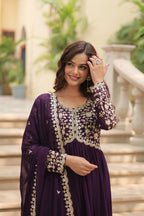 Teeya Creation Wine Color Faux Georgette Heavy Embroidery Work Dupatta Fully Stitched Gown | Grocsy