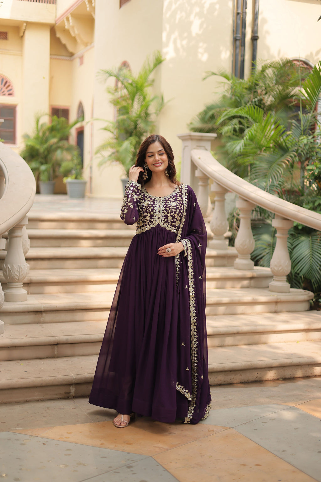 Teeya Creation Wine Color Faux Georgette Heavy Embroidery Work Dupatta Fully Stitched Gown | Grocsy