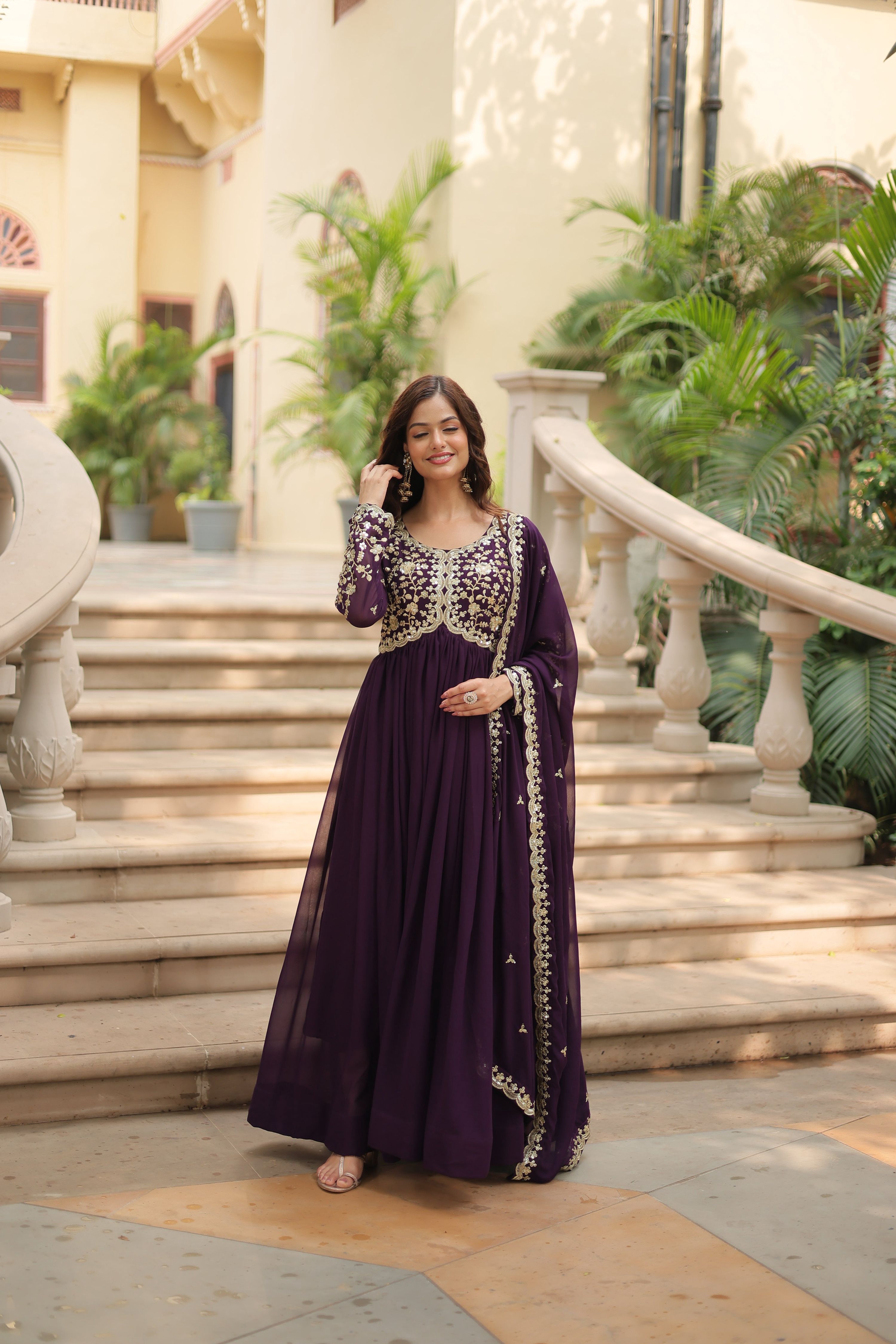 Teeya Creation Wine Color Faux Georgette Heavy Embroidery Work Dupatta Fully Stitched Gown | Grocsy
