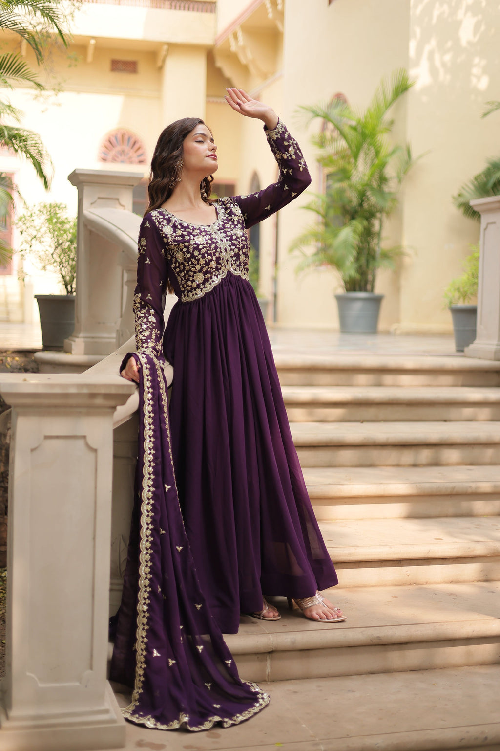 Teeya Creation Wine Color Faux Georgette Heavy Embroidery Work Dupatta Fully Stitched Gown | Grocsy