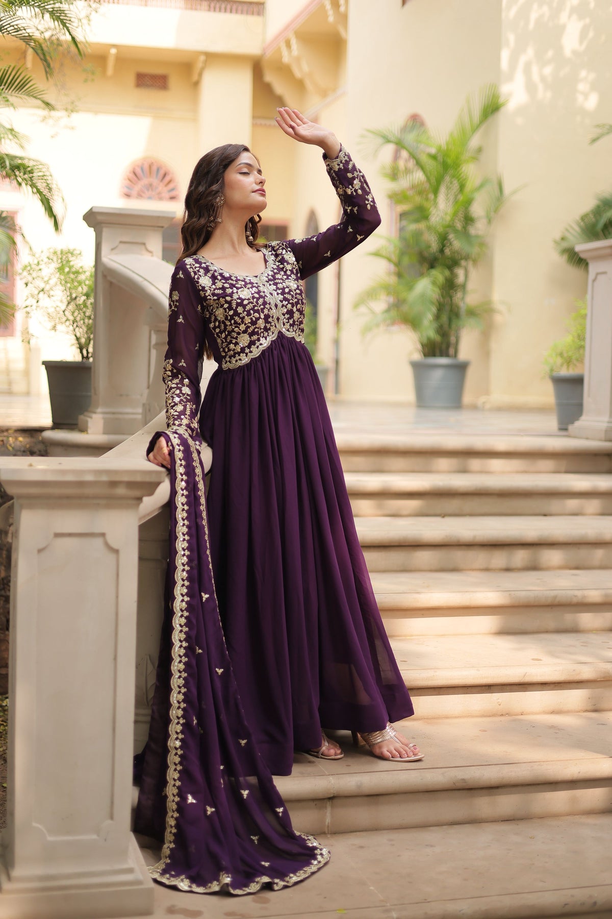 Teeya Creation Wine Color Faux Georgette Heavy Embroidery Work Dupatta Fully Stitched Gown | Grocsy