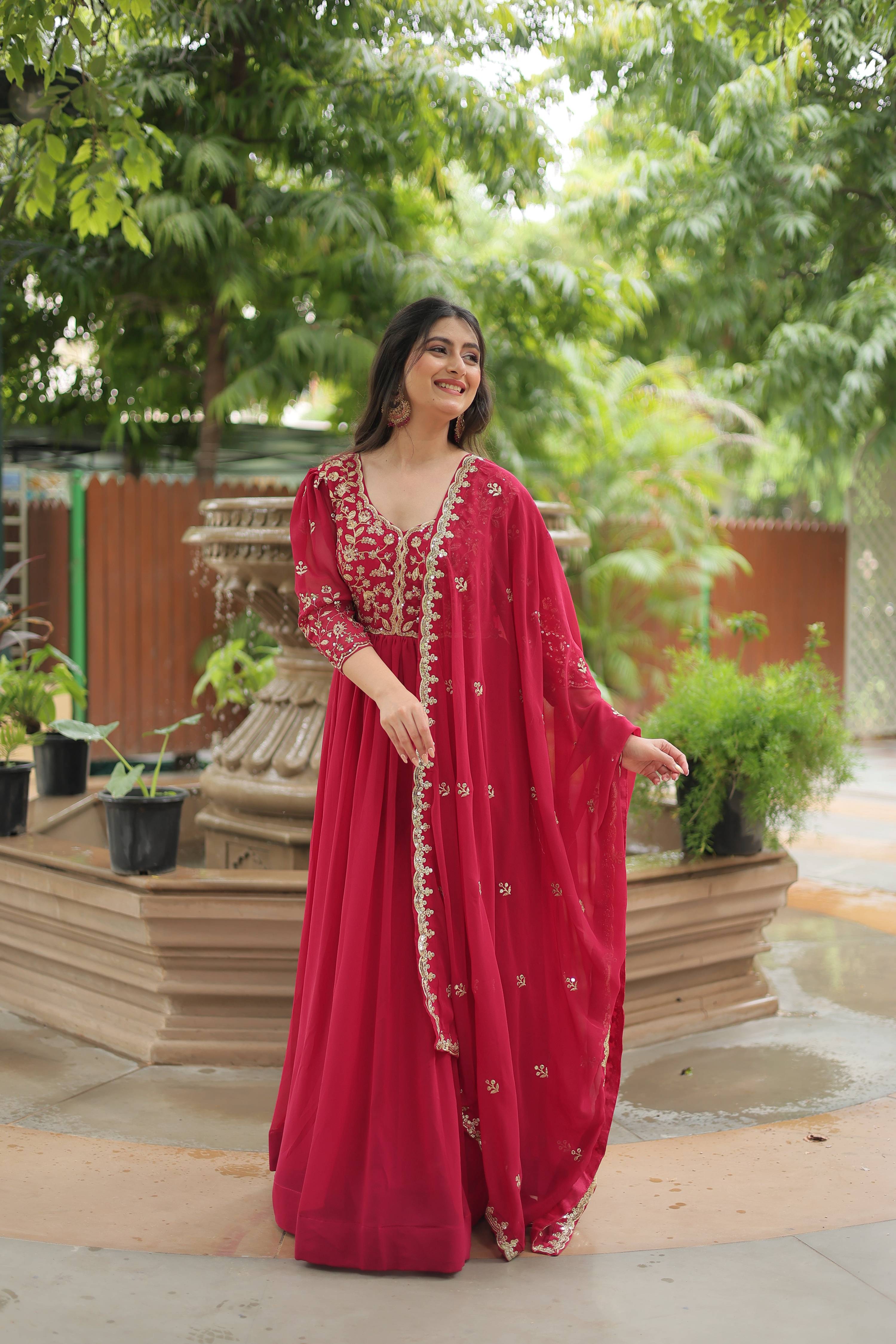 Teeya Creation Rani Pink Color Faux Georgette Heavy Embroidery Work Dupatta Fully Stitched Gown | Grocsy