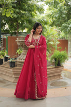 Teeya Creation Rani Pink Color Faux Georgette Heavy Embroidery Work Dupatta Fully Stitched Gown | Grocsy