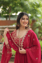 Teeya Creation Rani Pink Color Faux Georgette Heavy Embroidery Work Dupatta Fully Stitched Gown | Grocsy