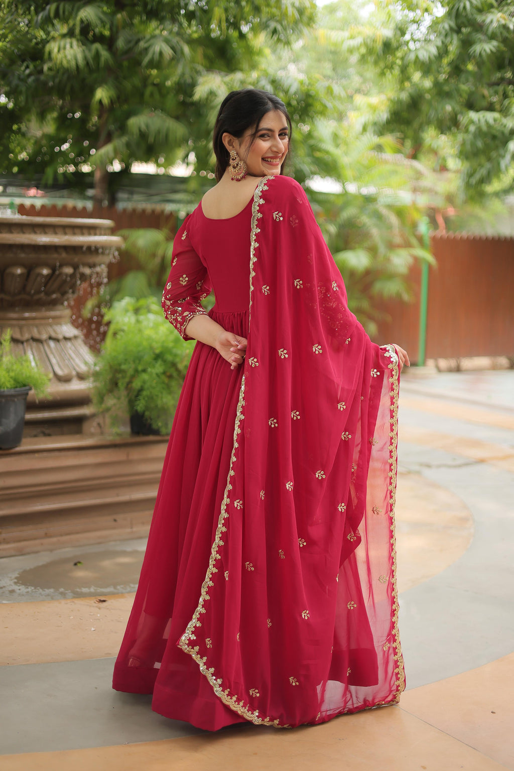 Teeya Creation Rani Pink Color Faux Georgette Heavy Embroidery Work Dupatta Fully Stitched Gown | Grocsy