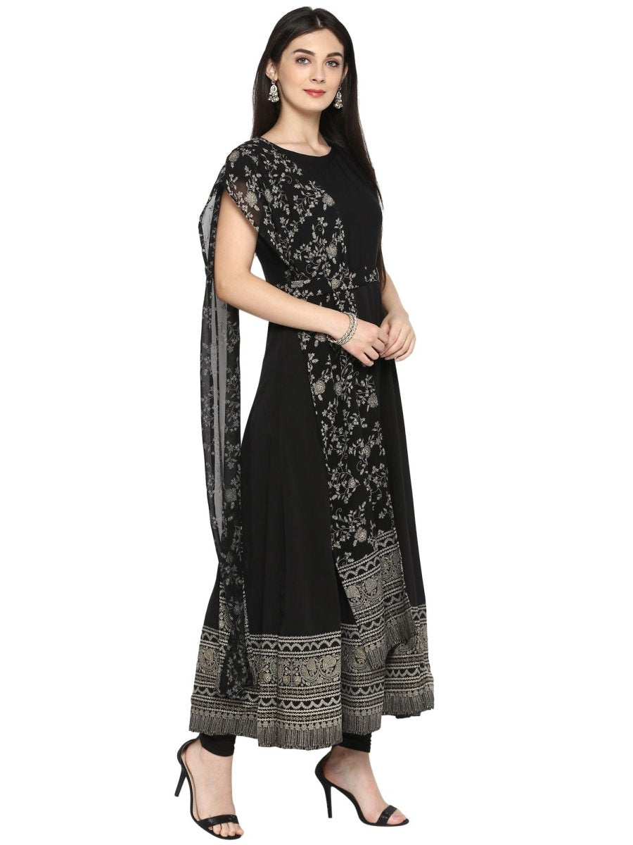 Ahalyaa Women's Black Crepe Printed Kurta With Attached Dupatta | Grocsy