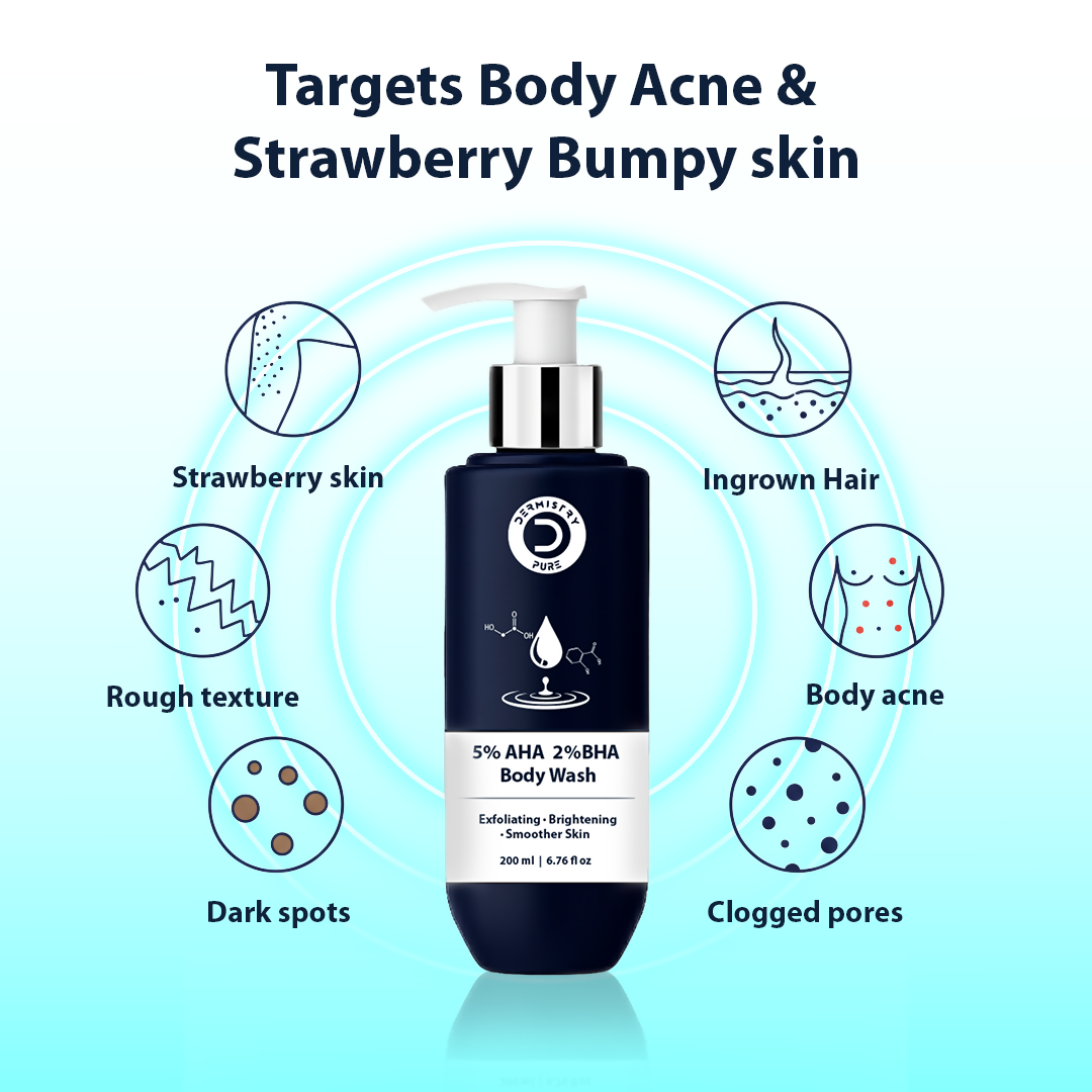 Dermistry 5% AHA 2% BHA Exfoliating D Tan Detan Acne Removal Body Wash For Oily All and Strawberry Skin | Grocsy