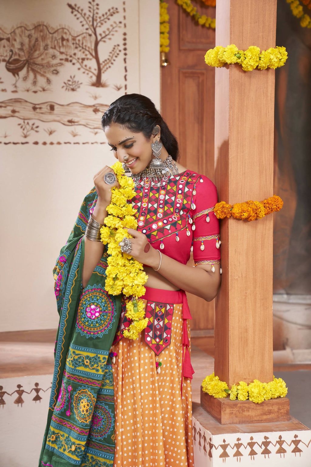 Yellow Rayon All over Print with Embroidery Patch Work Navratri Lehenga Choli with Dupatta - Raas | Grocsy