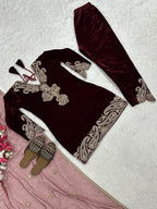 Vastranavya Wine Viscose Velvet Cording Sequence Embroidery Work Suit-Bottom With Dupatta | Grocsy