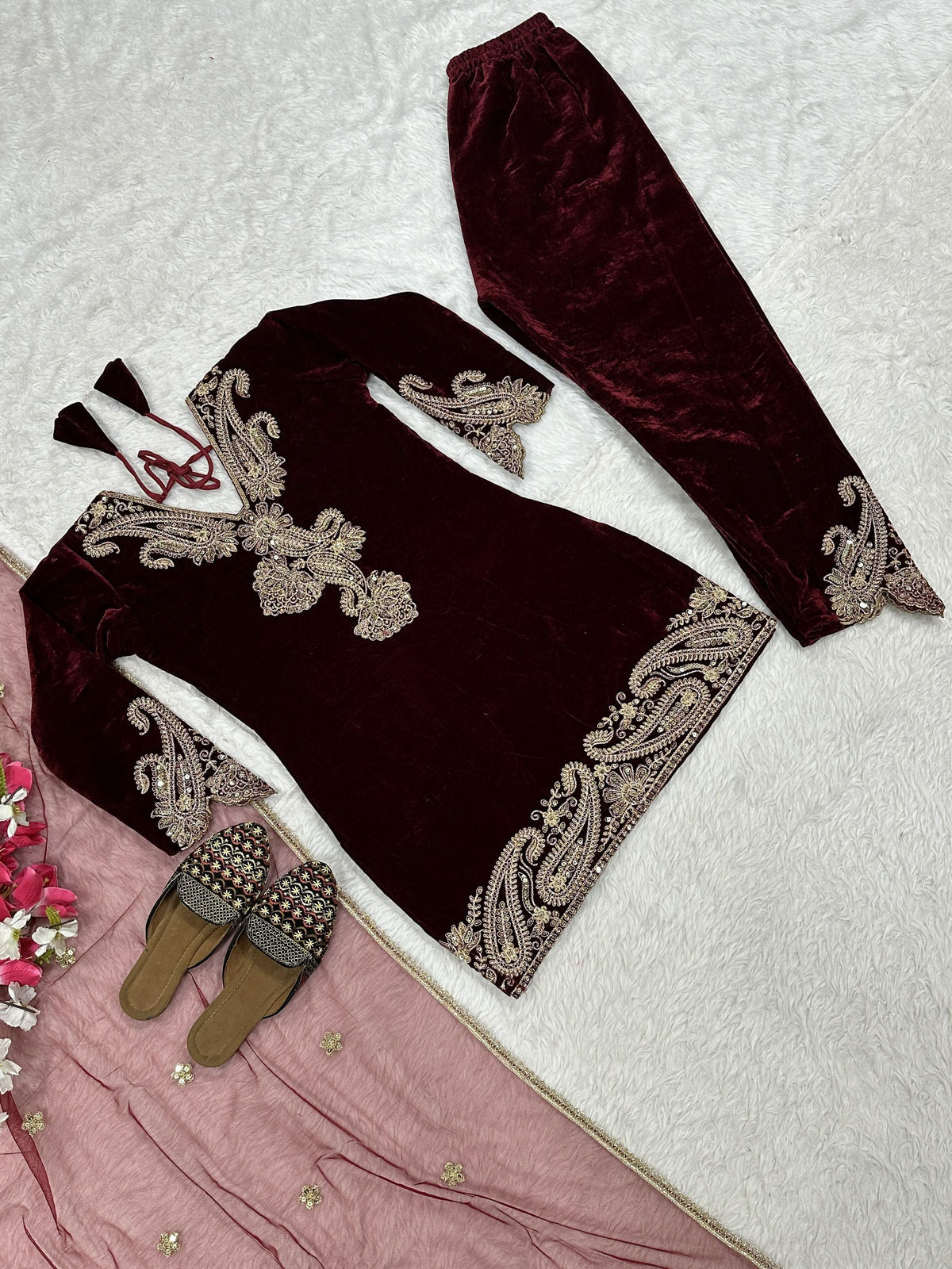 Vastranavya Wine Viscose Velvet Cording Sequence Embroidery Work Suit-Bottom With Dupatta | Grocsy