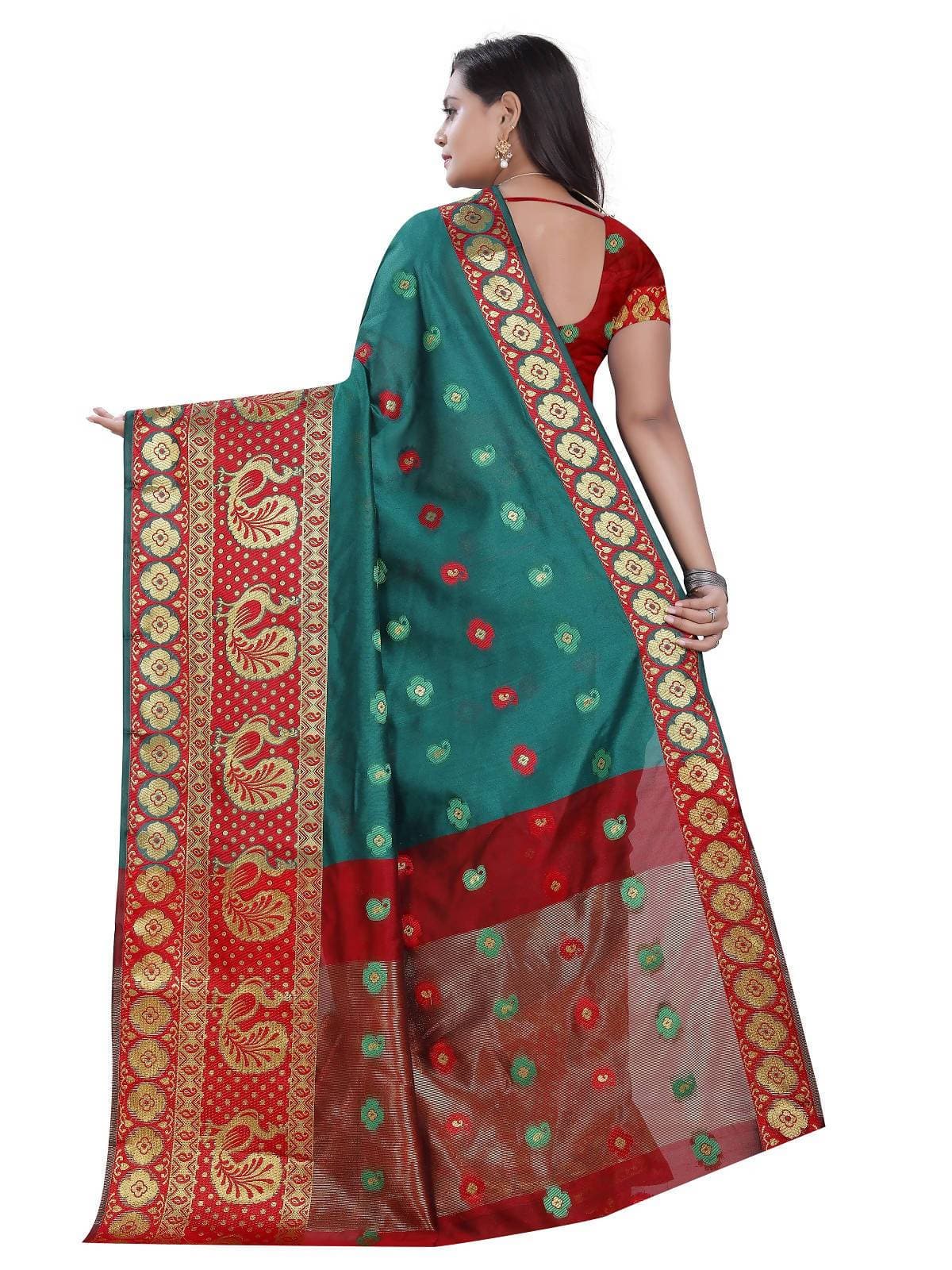 Vamika Banarasi Cotton Silk Rama Green Weaving Saree | Grocsy