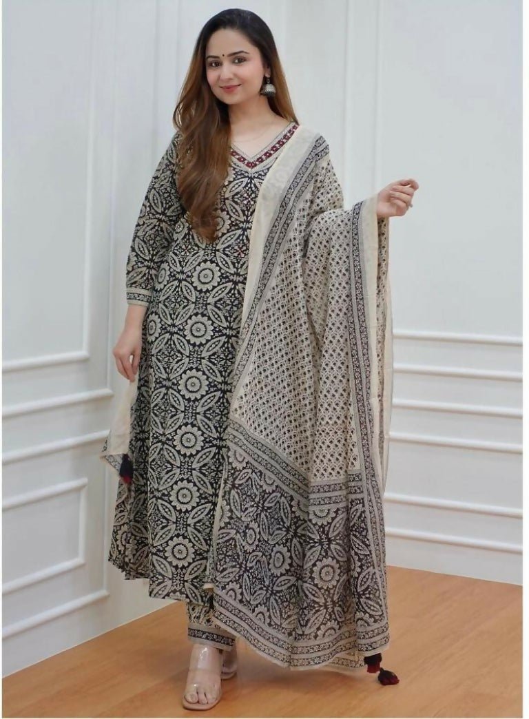 Alvano Anarkali Printed Kurti with Pant and Dupatta set for Women and Girls Rayon | Grocsy