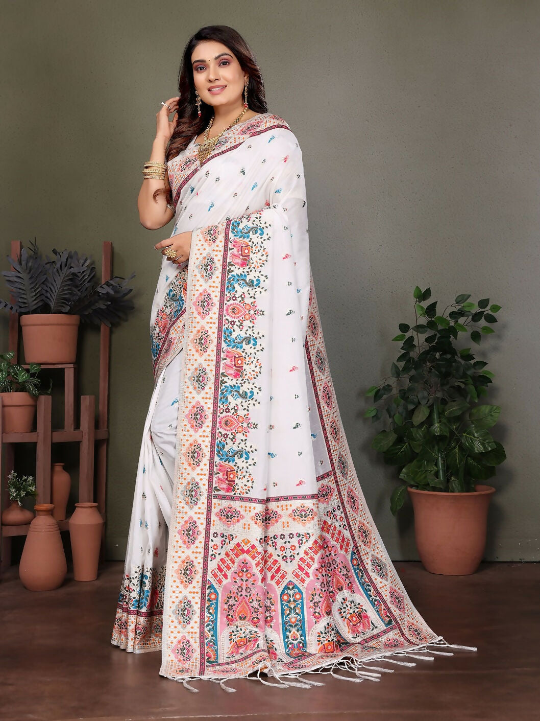 Joban Fashion White Thread Woven Pashmina Sarees | Grocsy
